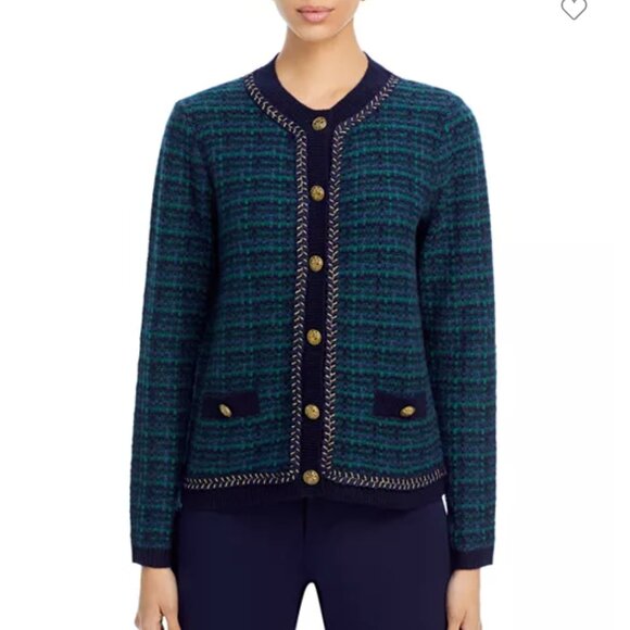 C by Bloomingdale's Cashmere Tweed Crewneck Cardigan-cashmere-black/green/gold - Picture 7 of 7